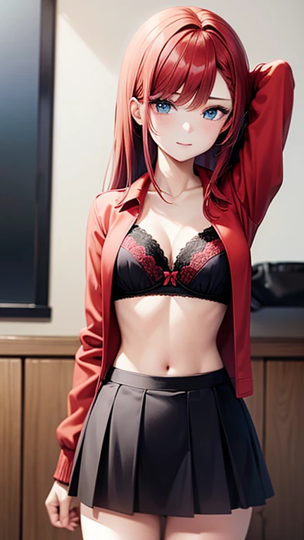 An anime girl with red hair and blue eyes wearing a skirt and an open shirt revealing a black and red bra