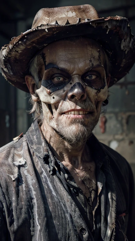 ((Decay skin)) Old zombie man, male, older male figure, ((skull face)), dreary, magnificent, fog, low key, at night, ((RAW photo, 4K, Realistic, Exquisitely Detailed Skin)), Masterpiece, Best quality, offcial art, Unity 8k wallpaper, Ultra detailed , (detaile zombie face),((bloody mouth)), rincled skin, (decay skin), ((pealing off skin decay)),((detailed skull under skin)), detailed decay skin, looking at the camera, ((grey long beard)), dirty red and black flannel shirt, old black cowboy hat, ((cowboy hat)), masterpiece, best quality, extremely detailed eyes, cinematic lightning, intricate detail, highres, official art, finely detailed face, high resolution illustration, 8k, depth of field, ((zombie)), short white hair and blue eyes, short white hair, detailed blue eyes, chaotic city, upper body, looking at viewer, post apocalyptic background, zombie decay skin, detailed face decay, decay, terror,((skull decay face)) scary looking, extremely detailed eyes, extremely realistic photo, extreme terror, midnight moon, ((long white beard)), gothic look older nale zombie (bloody mouth) , (smiling), big smile, showinf decay teeth, (decay teeth), pealing skin, strong jaw line, (long beard)