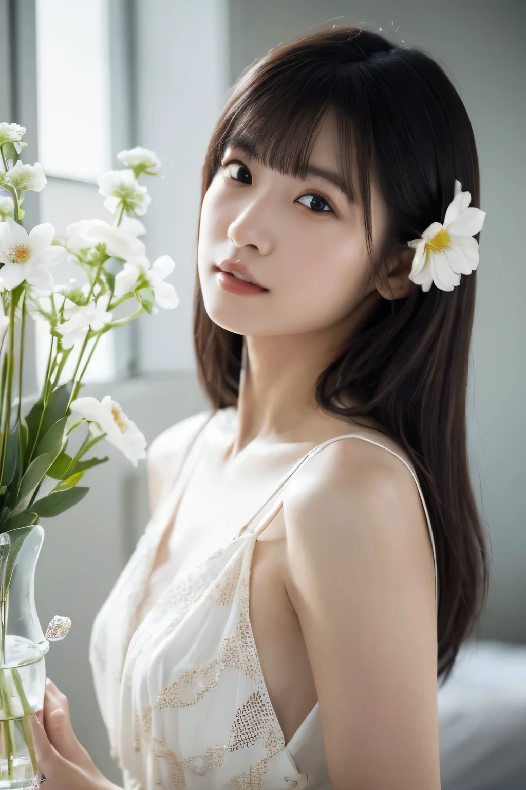 1 girl, (Wear a clean white summer dress:1.2), Very beautiful Japanese idol portraits, 
(RAW Photos, highest quality), (Realistic, Realistic:1.4), (masterpiece), 
Very delicate and beautiful, Very detailed, 2k wallpaper, wonderful, finely, Very detailed CG Unity 8K wallpaper, Very detailed, High resolution, Soft Light, 
Beautiful detailed girl, Very detailed目と顔, Beautiful and sophisticated nose, Finely beautiful eyes, Cinema Lighting, 
(Photo shoot for a fashion magazine:1.3), (indoor), (Gazing at a single flower in a vase:1.3), 
(Semi-long hair), (upper body),
Complete Anatomy, Slender body, Small breasts, sentimental