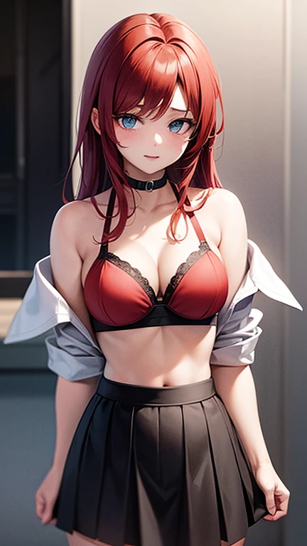 An anime girl with red hair and blue eyes wearing a skirt and an open shirt revealing a black and red bra