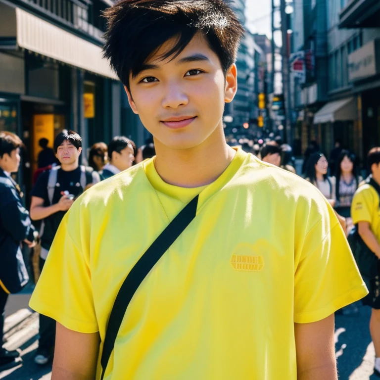ชายอาราฟStanding on city streetsตอนกลางคืน, high quality vertical, Portrait in the middle of a shot, Asian man, Anime style mixed with Fujifilm, Standing on city streets, Handsome Japanese demon boy, Street Photos, city behind, Japanese Streetwear, He wore a yellow T-shirt., Profile picture, vertical picture, with a city behind