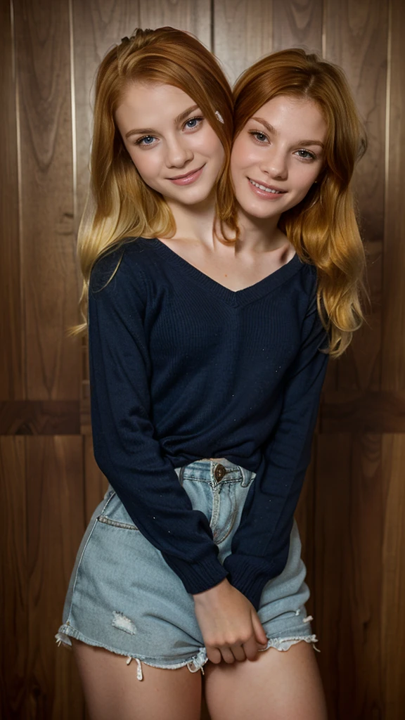 2heads, (one head 13 years old:1.5), (one head 16 years old:1.5), (a blonde and a redhead:1.5)