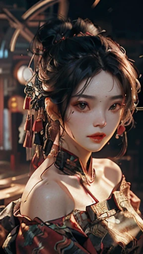 Best quality, masterpiece, ultra high res, (photorealistic:1.4), raw photo, 1girl, off shoulder, cinematic lighting, cyberhanfu, cyberpunk dressed in Chinese clothes