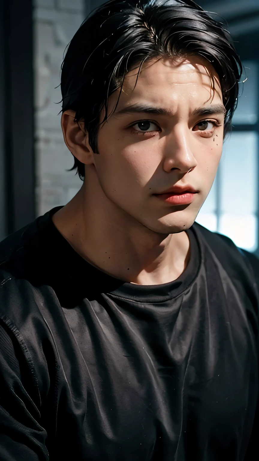 Young Bruce Wayne man black hair, big muscular body, black t-shirt, in a dark room closeup face short