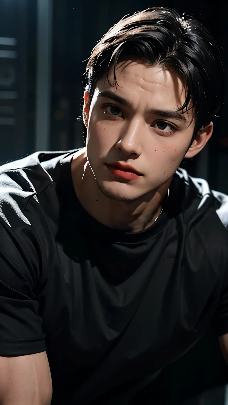 Young Bruce Wayne man black hair, big muscular body, black t-shirt, in a dark room closeup face short