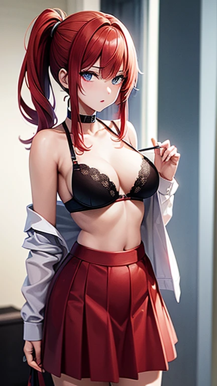 An anime girl with red hair and blue eyes wearing a skirt and an open shirt revealing a black and red bra