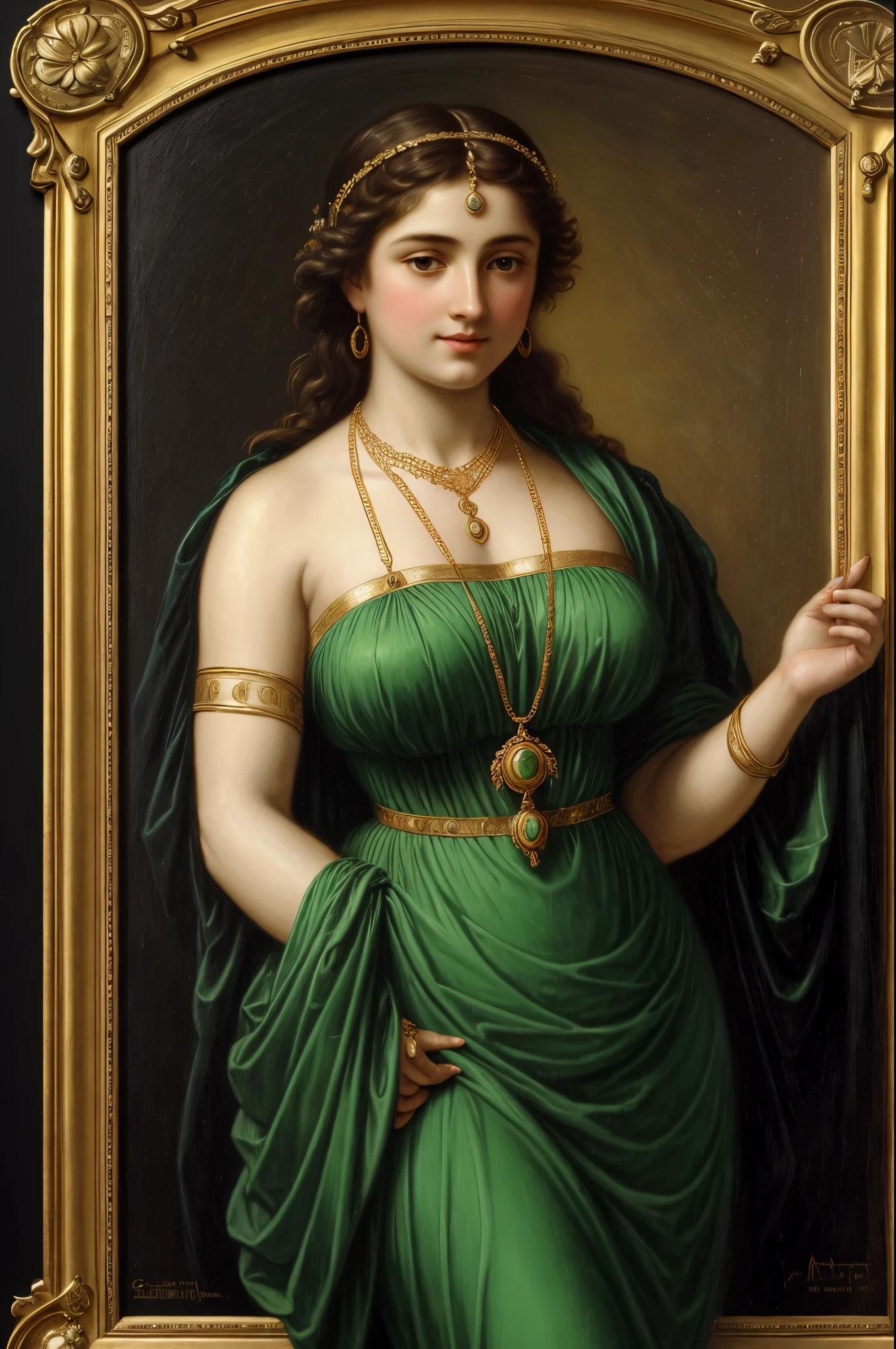 painting of a woman in a green dress with a gold necklace, portrait of a goddess, by Hermann Rüdisühli, by Alexandre Cabanel, godess, the goddess hestia, neoclassic painting, pudica pose bouguereau style, portrait of a beautiful goddess, portrait of megara, by Friedrich von Amerling