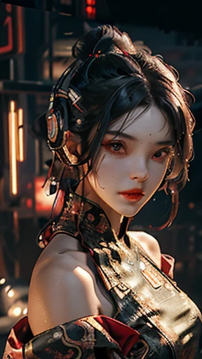 Best quality, masterpiece, ultra high res, (photorealistic:1.4), raw photo, 1girl, off shoulder, low-cut dress, neon lights, cyber steampunk, cinematic lighting, cyberhanfu, cyberpunk dressed in Chinese clothes