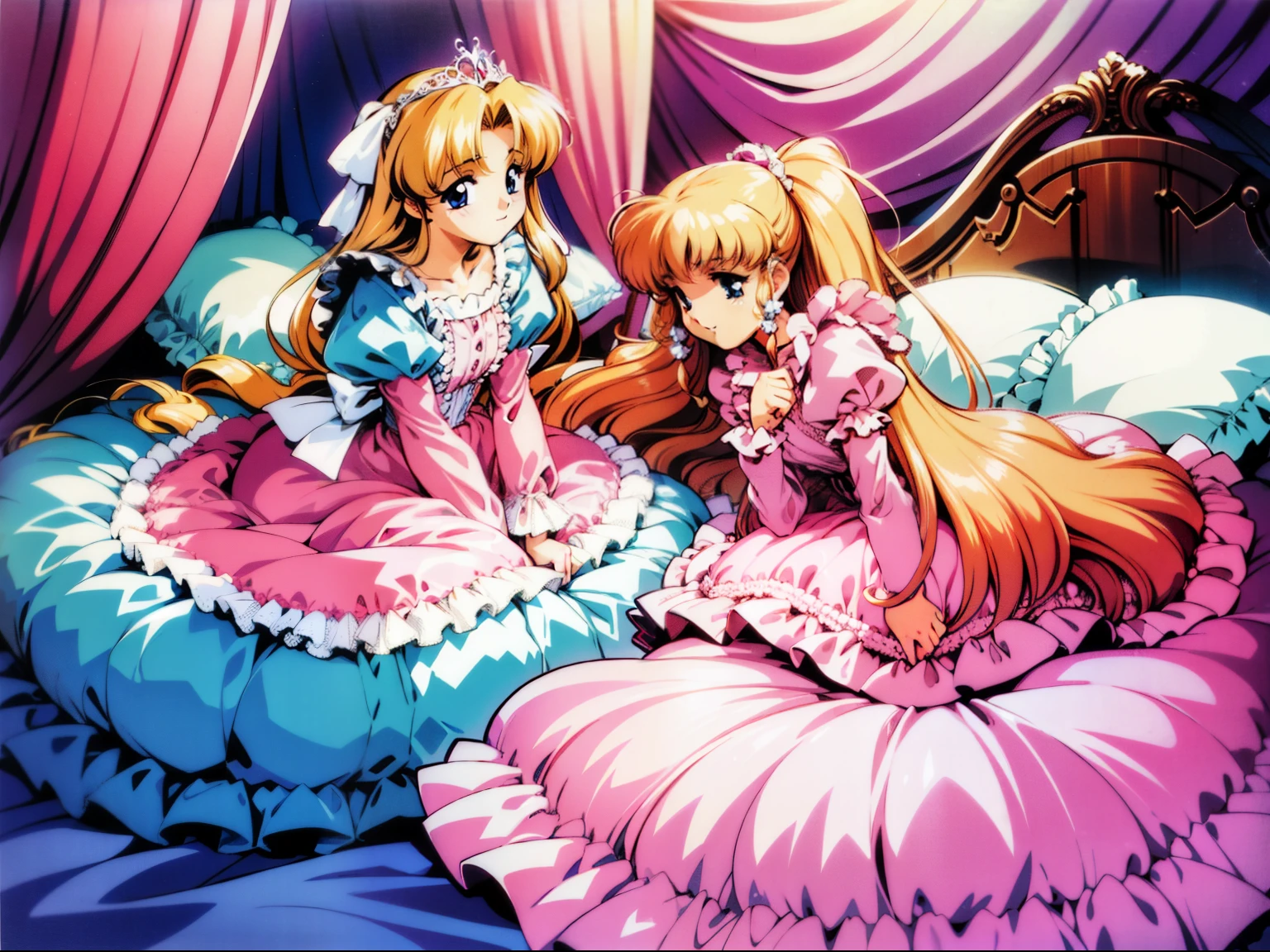 ,highest quality, masterpiece, highest resolution, artwork,1990s style anime illustration,((10 year old s)),Super detailed baby face,both are princesses,detailed luxury tiara,Full length ball gown dress with hoop skirt,ruffle yoke collar,Detailed braided ribbon at chest,puff sleeves,long sleeve,((lolita stylt pink princess satin dress、Comes with lots of frills and ribbons。)),shiny silk satin dress,soft and smooth silk satin fabric,luxury,Very long blonde hair,blue eyes,white skin european,pajamas,((inside the palace)),Princess dancing happily,gorgeous flowing dress,fine white frills and lace,Super long hair that is as tall as your body,white long socks,drawers with lots of frills,castle bedroom at night,Super long flowing hair,on the bed,Luxurious canopy on the bed,Huge, spacious bed,Pink pillow with lots of frills,Silk satin pink curtains with luxurious ruffles and ribbons surround the bed,princess sitting on bed,Pillows piled up behind the princess,A princess leaning on a pile of pillows,Long hair scattered like a fan on the bed,{{{{Both legs are completely hidden inside the dress}}}},