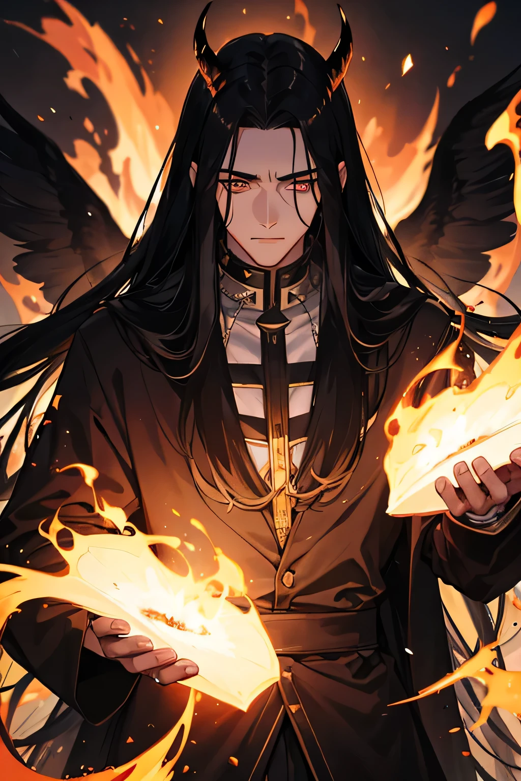 1male, tall, long hair, black hair, in hell