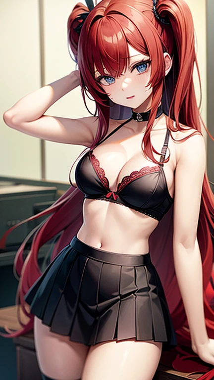 An anime girl with red hair and blue eyes wearing a skirt and an open shirt revealing a black and red bra