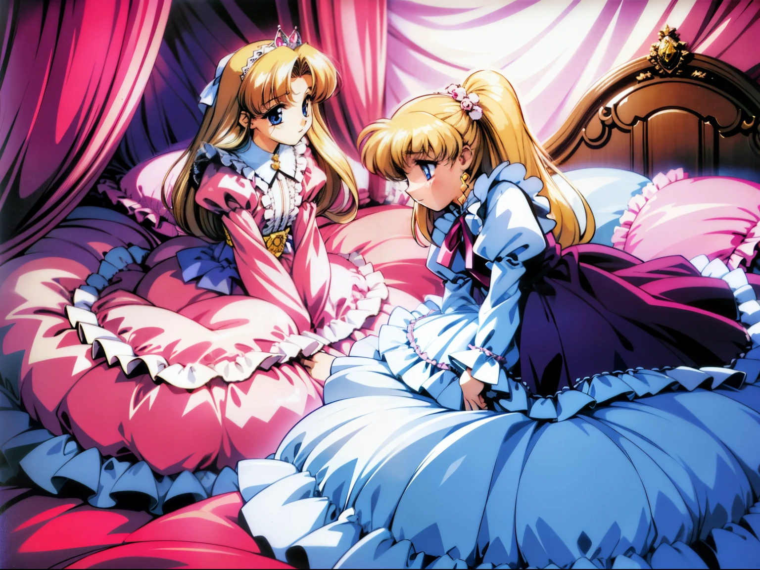 ,highest quality, masterpiece, highest resolution, artwork,1990s style anime illustration,((10 year old little girls)),Super detailed baby face,both are princesses,detailed luxury tiara,Full length ball gown dress with hoop skirt,ruffle yoke collar,Detailed braided ribbon at chest,puff sleeves,long sleeve,((lolita style hot pink princess satin dress、Comes with lots of frills and ribbons。)),shiny silk satin dress,soft and smooth silk satin fabric,luxury,Very long blonde hair,blue eyes,white skin european,pajamas,((inside the palace)),Princess dancing happily,gorgeous flowing dress,fine white frills and lace,Super long hair that is as tall as your body,white long socks,drawers with lots of frills,castle bedroom at night,Super long flowing hair,on the bed,Luxurious canopy on the bed,Huge, spacious bed,Pink pillow with lots of frills,Silk satin pink curtains with luxurious ruffles and ribbons surround the bed,princess sitting on bed,Pillows piled up behind the princess,A princess leaning on a pile of pillows,Long hair scattered like a fan on the bed,{{{{Both legs are completely hidden inside the dress}}}},