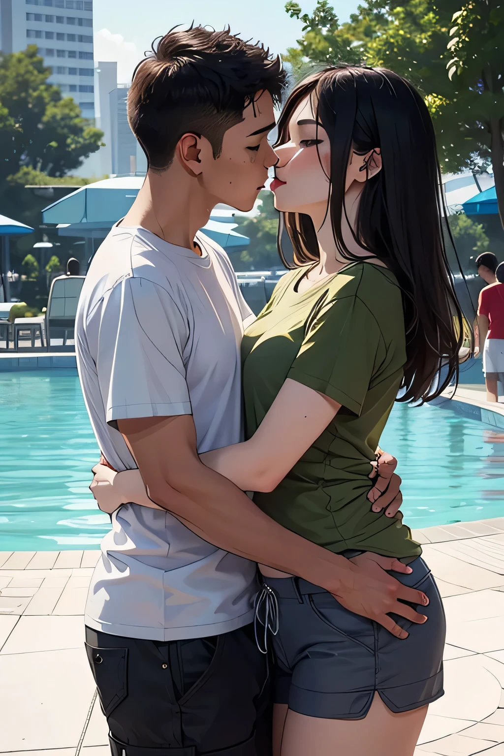 Man wearing oversized red t shirt and brown cargo shorts kissing a sexy woman wearing a olive green t shirt and grey shorts in a water park