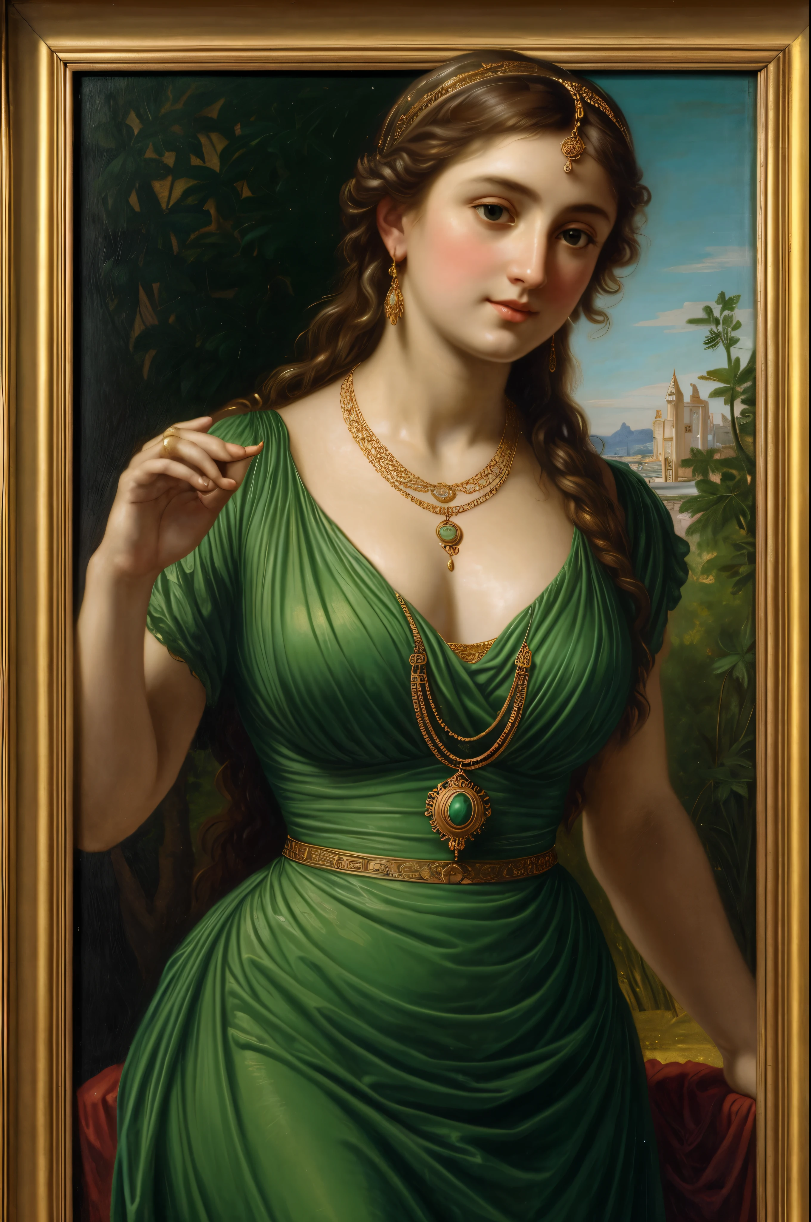 painting of a woman in a green dress with a gold necklace, portrait of a goddess, by Hermann Rüdisühli, by Alexandre Cabanel, godess, the goddess hestia, neoclassic painting, pudica pose bouguereau style, portrait of a beautiful goddess, portrait of megara, by Friedrich von Amerling