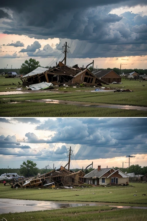 Heavy rainy sky, tornado, prairie, Oklahoma, storm, overcast, rain, wind, shaking grass, damaged house, electrical, lightning, destruction, collapse, storm, The house was destroyed, with broken windows and a damaged roof. Debris of houses on the grass, huge storm 