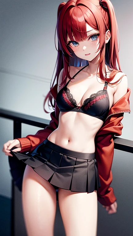 An anime girl with red hair and blue eyes wearing a skirt and an open shirt revealing a black and red bra