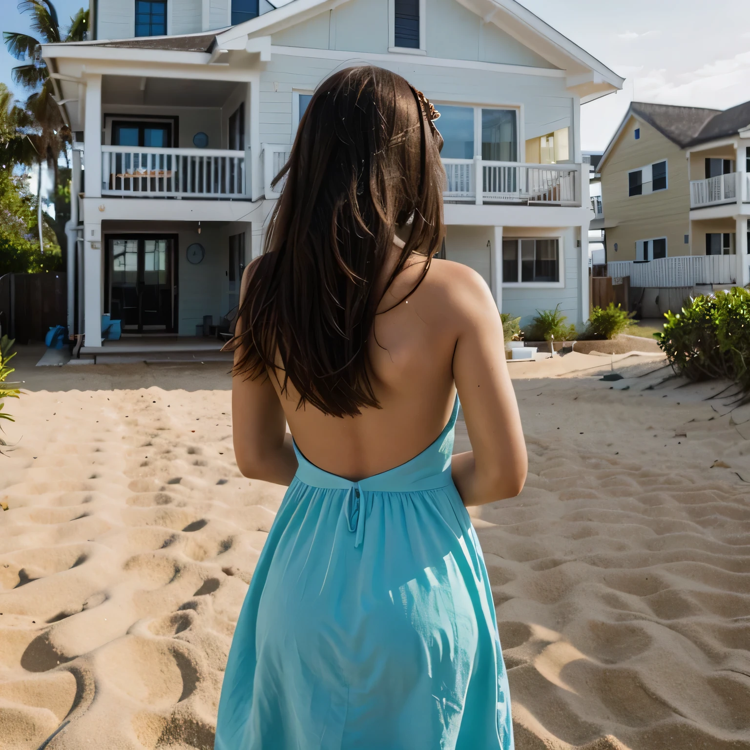 women photo from back wearing a dress, looking at the beach in a beach house