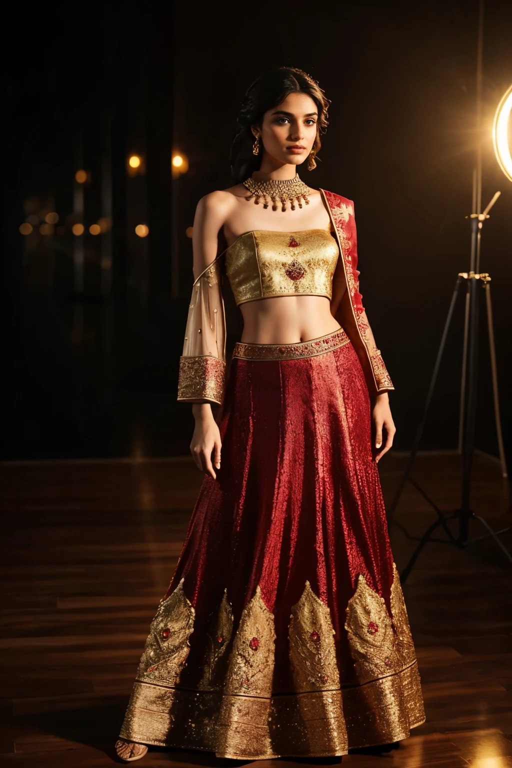In this photograph, an Indian Instagram female model in her mid-20s takes center stage. (highly detailed face:1.4) (smile:0.7) (background 5-star hotel, moody, private study:1.0V, by Lee Jeffries, Nikon D850, film stock photograph, 4 Kodak Portra 400, camera f1.6 lens, rich colors, hyper-realistic, lifelike texture, dramatic lighting, Cinestill 800, realistic). She is wearing a stunning orange lehenga choli that exudes vibrant elegance. The lehenga (skirt) is richly embellished with intricate gold embroidery and beadwork, creating a dazzling pattern that catches the light beautifully. The choli (blouse) has a sweetheart neckline and short, puff sleeves, mirroring the lehenga’s elaborate design with matching embroidery.
The choli features a tie-up detail on the back, adding a delicate touch to the traditional ensemble. The lehenga is of floor-length, flowing gracefully with a slight flare, and includes an attached lining for added comfort and volume. The ensemble is completed with a matching dupatta (scarf) draped elegantly over one shoulder, also adorned with intricate embroidery and a delicate border.
Completing the aesthetic, the model wears a slave collar with a chain around her neck, adding an edgy contrast to the traditional outfit. The photograph is meticulously captured in 8K resolution using cutting-edge techniques such as Cinema 4D and Octane Render, resulting in a highly detailed and photorealistic image. Studio lighting, HDR, and a smoky mist create a captivating ambiance, while the bokeh effect adds an artistic touch.