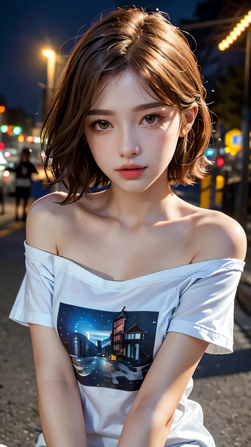 A colorful oversized T-shirt with a yellow base that covers your hands., highest quality, masterpiece, Ultra-high resolution, (Realistic:1.4), RAW Photos, One Girl, Off the shoulder, In the Dark, Deep Shadow, Moderate, Night Alley, short hair, roadside, Sitting, 20-year-old,Cute Face, Small breasts, Tight shirt,(head shot:1.5)
