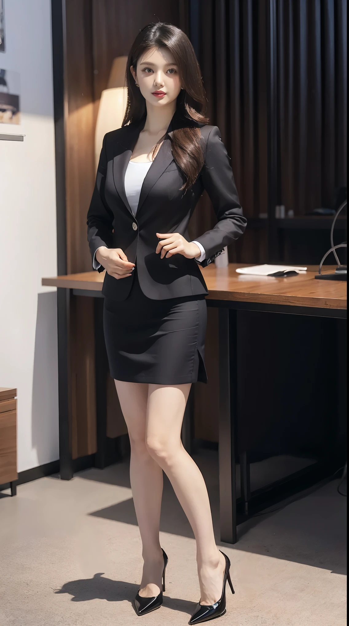 4k,8k,16k,32k,realistic, photorealistic, RAW photo,ultra realistic photo ,Best Quality, High Quality,Ultra Quality, 8K Portrait,CG unity 8k wallpaper, insanely detailed beautiful kawaii face,A Japanese Lady,20~40 years old ,large breast, voluptuous,(woman's Black Business Suit tight Skirt),frontage,full body shot,in IT office