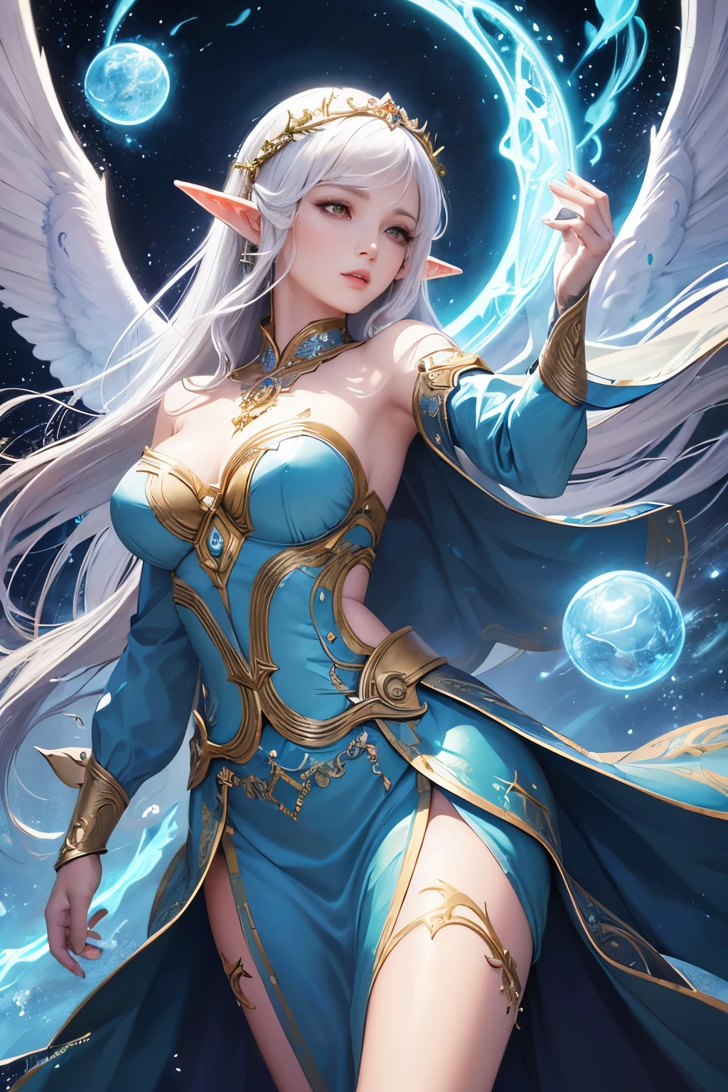 ((High quality)), ((artwork)), masterpiece, face detailed, ((fantasy character)), realistic draw, goddess of song and wind, mature woman, magic particles, elf ears, angelical aura.
