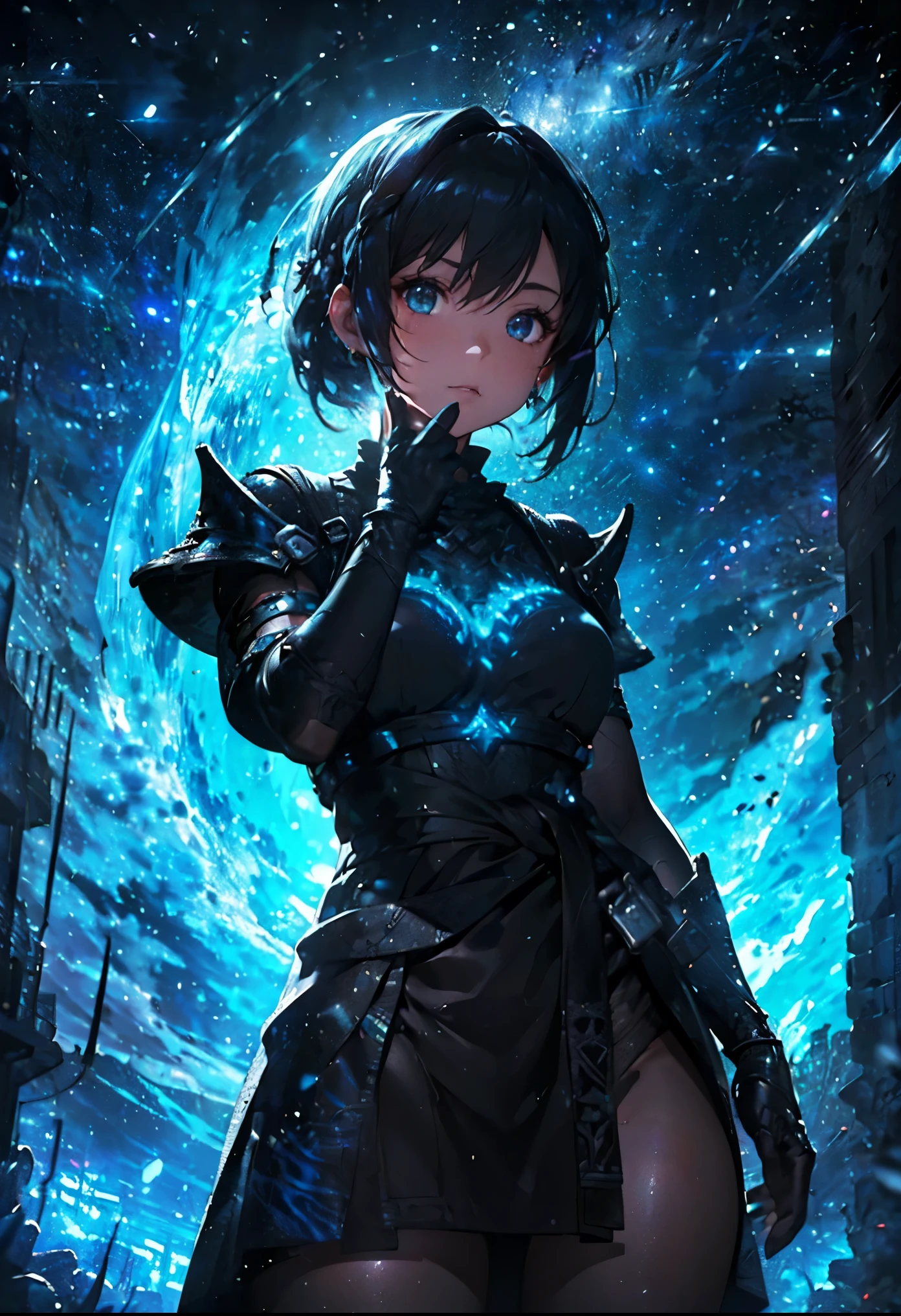 (((From face to the waist view::1. 4))), realistic skin texture, front view::1.0, (((Final Fantasy aesthetic style))) in complex & hyper detailed white fantasy armor (((lava glow effect))), panning photography::1, midnight hour illumination, short white hair & long braid, (masterpiece), best quality, perfect face, 8k