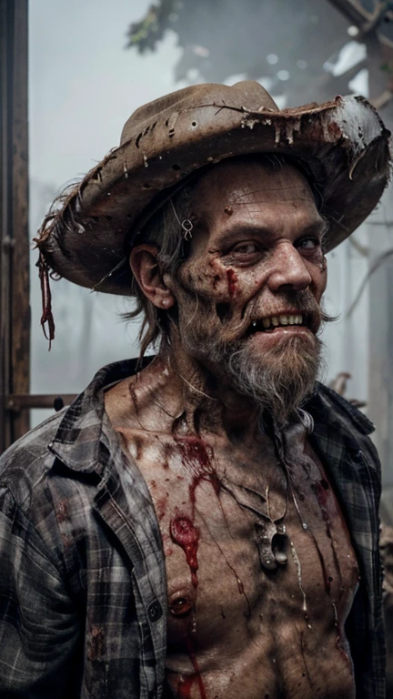((Decay skin)) Old zombie man, male, older male figure, ((skull face)), dreary, magnificent, fog, night, dark, dark vibe, pale skin, ((RAW photo, 4K, Realistic, Exquisitely Detailed Skin)), Masterpiece, Best quality, offcial art, Unity 8k wallpaper, Ultra detailed , (detaile zombie face),((bloody mouth)), rincled skin, (decay skin), ((pealing off skin decay)),((detailed skull under skin)), detailed decay skin, looking at the camera, ((grey long beard)), dirty red and black flannel shirt, old black cowboy hat, ((black cowboy hat)), masterpiece, best quality, extremely detailed eyes, fog lightning, intricate detail, highres, official art, finely detailed face, high resolution illustration, 8k, depth of field, ((zombie)), white hair and blue eyes, white hair, detailed light brown eyes, old wooden porch background, old farm house, hillbilly, redneck, southern, upper body, looking at viewer, post apocalyptic background, zombie decay skin, detailed face decay, decay, terror, (skull decay face), scary looking, extremely detailed eyes, extremely realistic photo, extreme terror, midnight moon, ((long white beard)), (evil), older male zombie (bloody mouth) , (smiling), big smile, showinf decay teeth, (decay teeth), pealing skin, strong jaw line, (long beard), bloody teeth, blood runing out hes mouth.