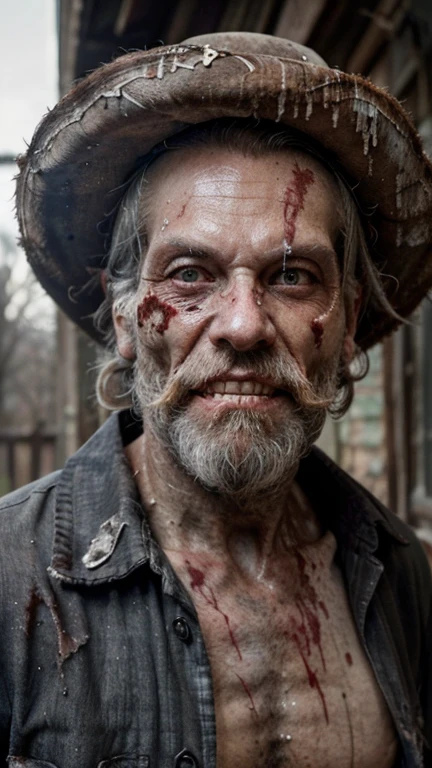 ((Decay skin)) Old zombie man, male, older male figure, ((skull face)), dreary, magnificent, fog, night, dark, dark vibe, pale skin, ((RAW photo, 4K, Realistic, Exquisitely Detailed Skin)), Masterpiece, Best quality, offcial art, Unity 8k wallpaper, Ultra detailed , (detaile zombie face),((bloody mouth)), rincled skin, (decay skin), ((pealing off skin decay)),((detailed skull under skin)), detailed decay skin, looking at the camera, ((grey long beard)), dirty red and black flannel shirt, old black cowboy hat, ((black cowboy hat)), masterpiece, best quality, extremely detailed eyes, fog lightning, intricate detail, highres, official art, finely detailed face, high resolution illustration, 8k, depth of field, ((zombie)), white hair and blue eyes, white hair, detailed light brown eyes, old wooden porch background, old farm house, hillbilly, redneck, southern, upper body, looking at viewer, post apocalyptic background, zombie decay skin, detailed face decay, decay, terror, (skull decay face), scary looking, extremely detailed eyes, extremely realistic photo, extreme terror, midnight moon, ((long white beard)), (evil), older male zombie (bloody mouth) , (smiling), big smile, showinf decay teeth, (decay teeth), pealing skin, strong jaw line, (long beard), bloody teeth, blood runing out hes mouth.