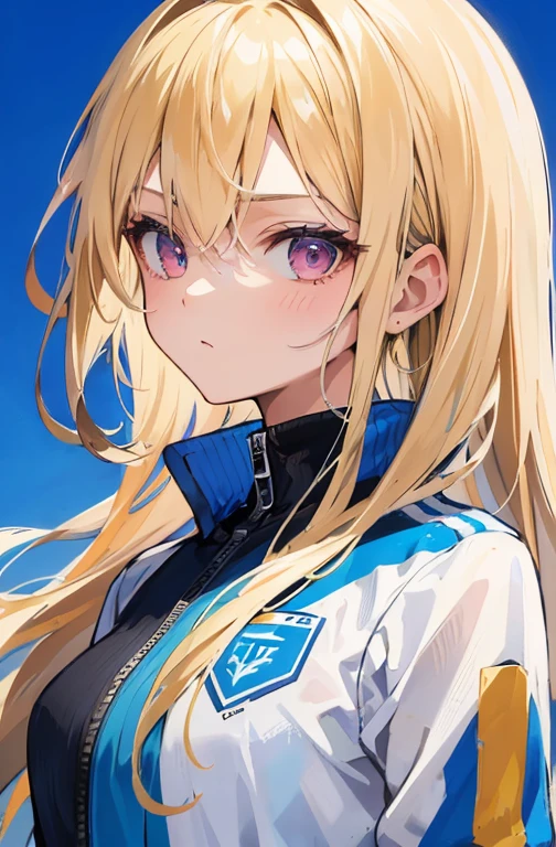 A masterpiece, top-quality artwork of a solo girl in a simple background. The girl is wearing a white and blue tracksuit , She is glaring. The artwork should be ultra-detailed and realistic, with vivid colors and a focus on the girl's expression. she has blonde hair and ultra detailed pink eyes