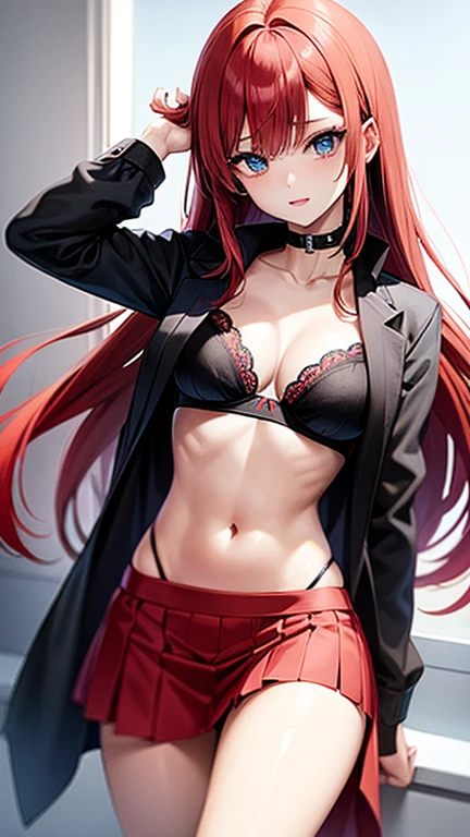 An anime girl with red hair and blue eyes wearing a skirt and an open shirt revealing a black and red bra