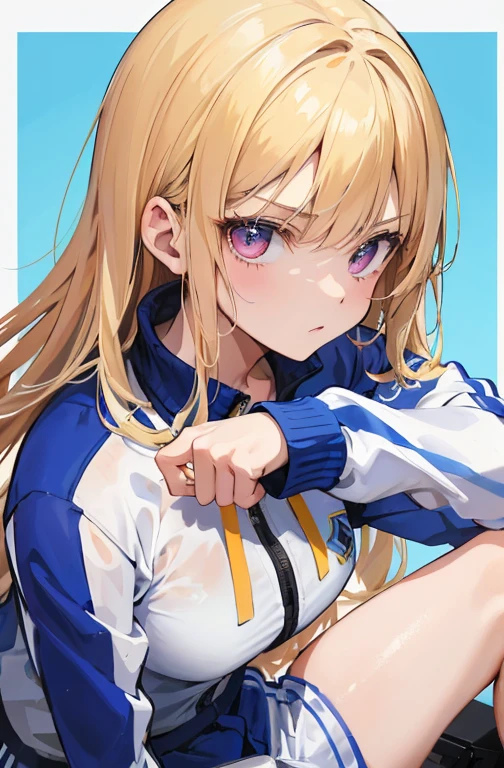 A masterpiece, top-quality artwork of a solo girl in a simple background. The girl is wearing a white and blue tracksuit , She is glaring. The artwork should be ultra-detailed and realistic, with vivid colors and a focus on the girl's expression. she has blonde hair and ultra detailed pink eyes