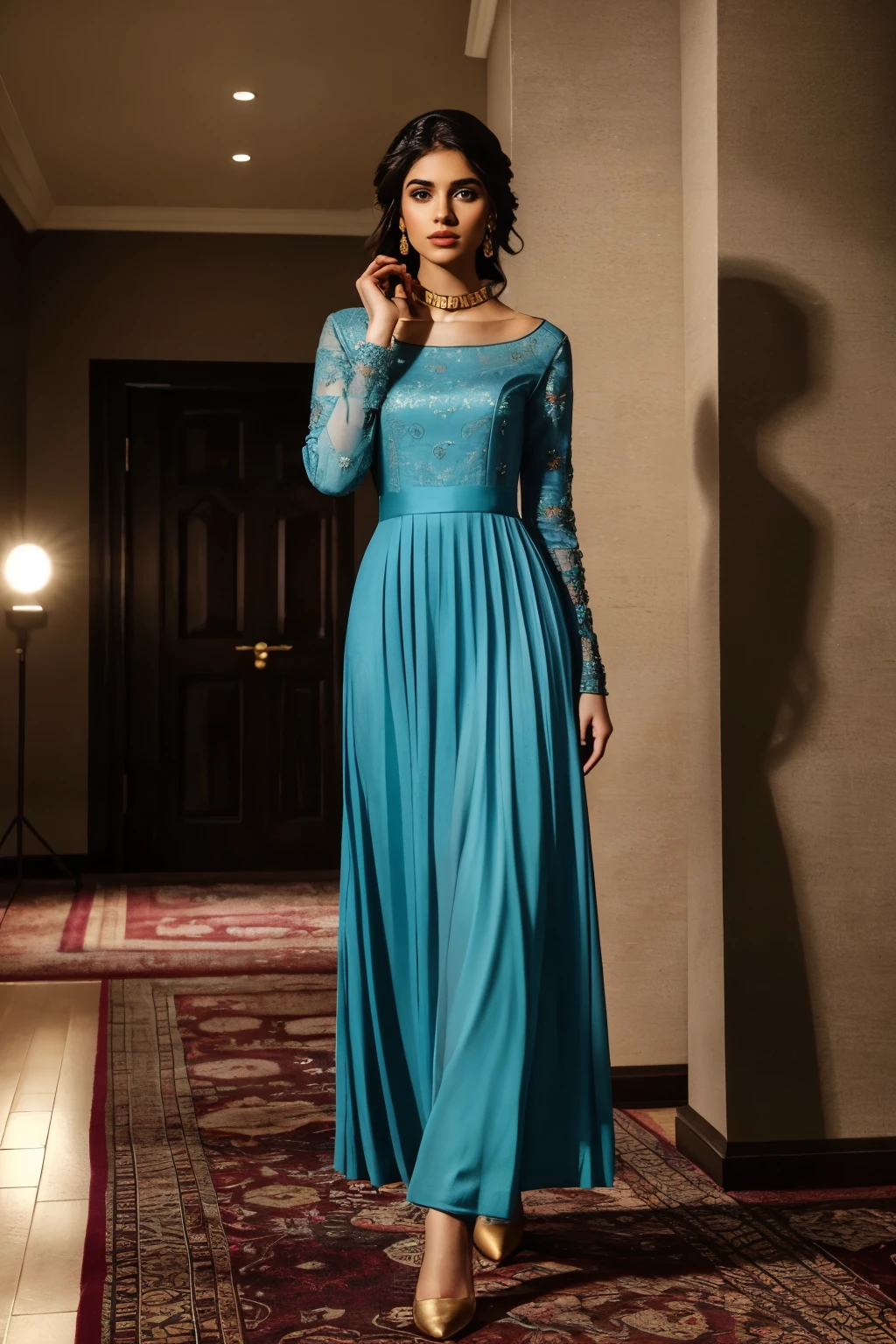 In this photograph, an Indian Instagram female model in her mid-20s takes center stage. (highly detailed face:1.4) (smile:0.7) (background 5-star hotel, moody, private study:1.0V, by Lee Jeffries, Nikon D850, film stock photograph, 4 Kodak Portra 400, camera f1.6 lens, rich colors, hyper-realistic, lifelike texture, dramatic lighting, Cinestill 800, realistic). She is wearing an exquisite violet Anarkali suit that showcases traditional elegance with a contemporary twist. The Anarkali features a long, flowing silhouette that reaches the floor, made from luxurious chiffon fabric. The bodice is richly adorned with intricate gold embroidery and beadwork, extending down to the waist, where it flares out into a voluminous skirt.

The suit has a sweetheart neckline and short, puff sleeves, adding a touch of vintage charm. The fitted bodice and flared hem create a flattering silhouette, while the tie-up detail on the back adds a subtle, stylish accent. The Anarkali includes an attached lining for added comfort and structure, ensuring it drapes beautifully.

Completing the aesthetic, the model wears a delicate slave collar with a chain around her neck, introducing an edgy contrast to the traditional attire. The photograph is meticulously captured in 8K resolution using cutting-edge techniques such as Cinema 4D and Octane Render, resulting in a highly detailed and photorealistic image. Studio lighting, HDR, and a smoky mist create a captivating ambiance, while the bokeh effect adds an artistic touch.