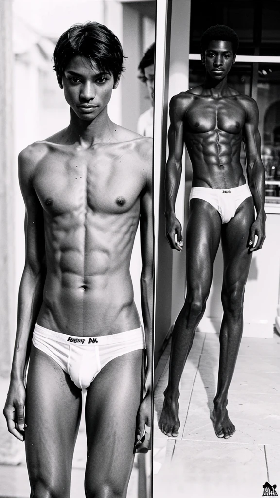 a very skinny black boy with short hair, his body is skinny and he is only wearing white underwear manga line art