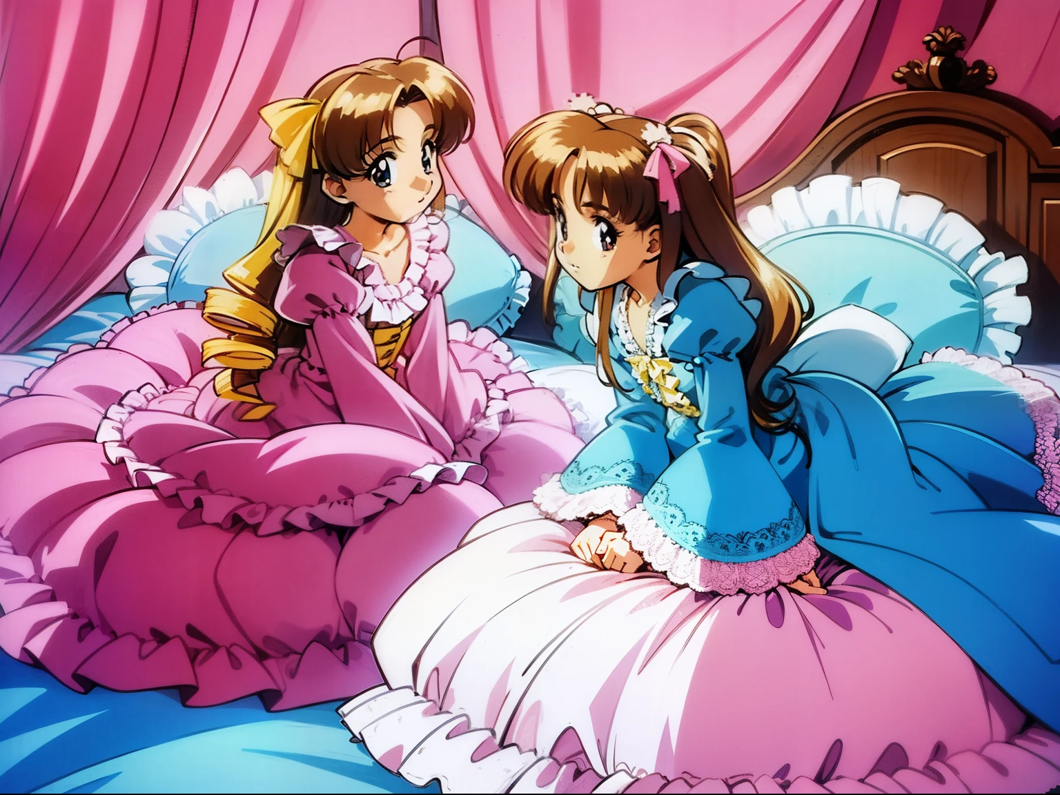 ,highest quality, masterpiece, highest resolution, artwork,1990s style anime illustration,(()),Super detailed baby face, Anime illustrajama party,. , Lolita fashion long-sleeved long skirt nightgown with frills and ribbons, {{{on the huge and wide pink canopy bed}}},{{{lot of  frilled pillows}}}, frilled bed skirt,Soft pillows and futons, colorful pillows in pastel colors, pink curtains with frills around the bed, detailed face.