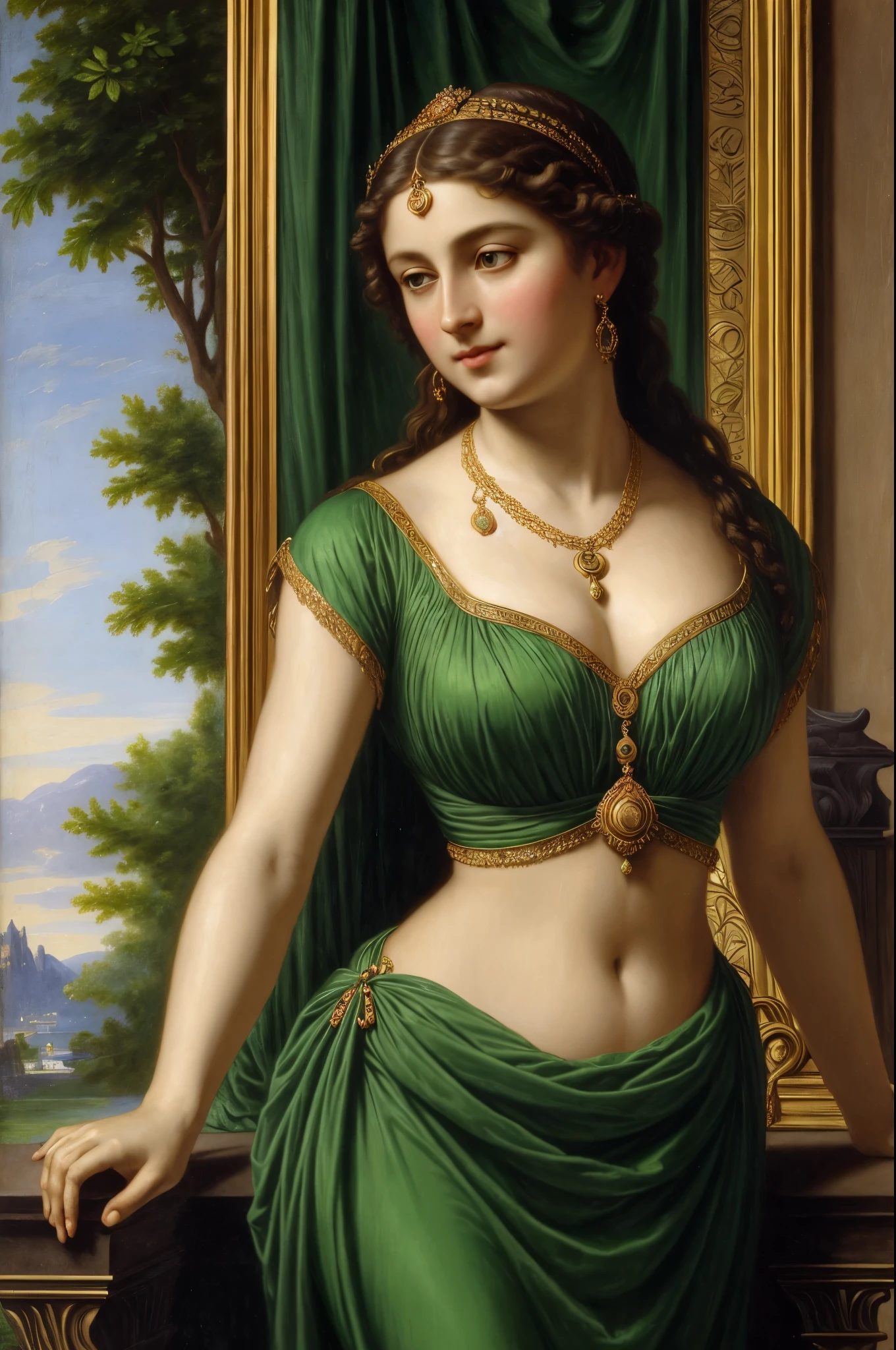 painting of a woman in a green dress with a gold necklace, portrait of a goddess, by Hermann Rüdisühli, by Alexandre Cabanel, godess, the goddess hestia, neoclassic painting, pudica pose bouguereau style, portrait of a beautiful goddess, portrait of megara, by Friedrich von Amerling