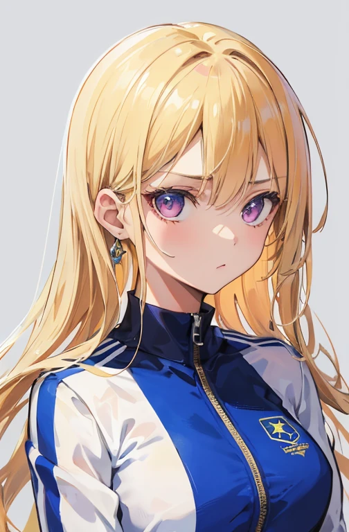 A masterpiece, top-quality artwork of a solo girl in a simple background. The girl is wearing a white and blue tracksuit , She is glaring. The artwork should be ultra-detailed and realistic, with vivid colors and a focus on the girl's expression. she has blonde hair and ultra detailed pink eyes