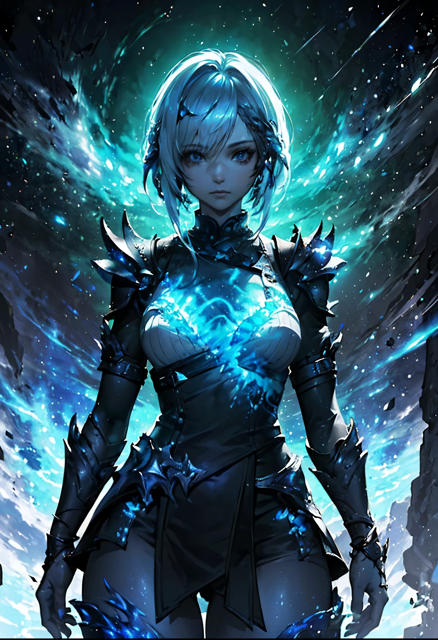 (((From face to the waist view::1. 4))), realistic skin texture, front view::1.0, (((Final Fantasy aesthetic style))) in complex & hyper detailed white fantasy armor (((lava glow effect))), panning photography::1, midnight hour illumination, short white hair & long braid, (masterpiece), best quality, perfect face, 8k