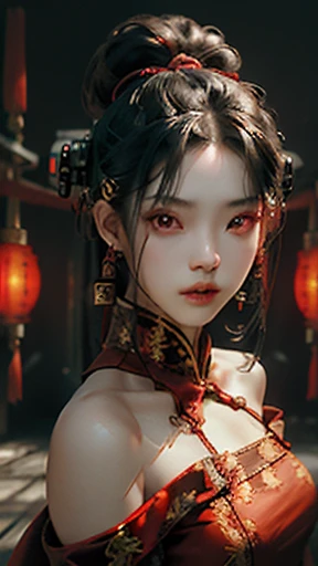 Best quality, masterpiece, ultra high res, (photorealistic:1.4), raw photo, 1girl, off shoulder, female Chinese vampire, low-cut dress, skimpy outfit, neon lights, cyber steampunk, cinematic lighting, cyberhanfu, cyberpunk dressed in Chinese clothes, glowing red eyes, bare arms, bare midriff