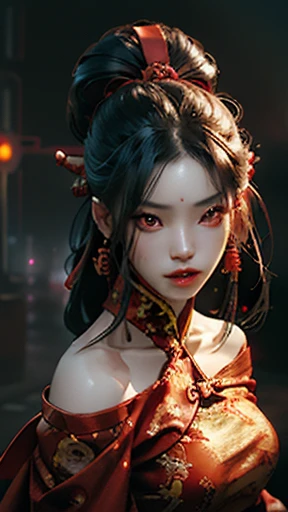 Best quality, masterpiece, ultra high res, (photorealistic:1.4), raw photo, 1girl, off shoulder, female Chinese vampire, low-cut dress, skimpy outfit, neon lights, cyber steampunk, cinematic lighting, cyberhanfu, cyberpunk dressed in Chinese clothes, glowing red eyes, bare arms, bare midriff