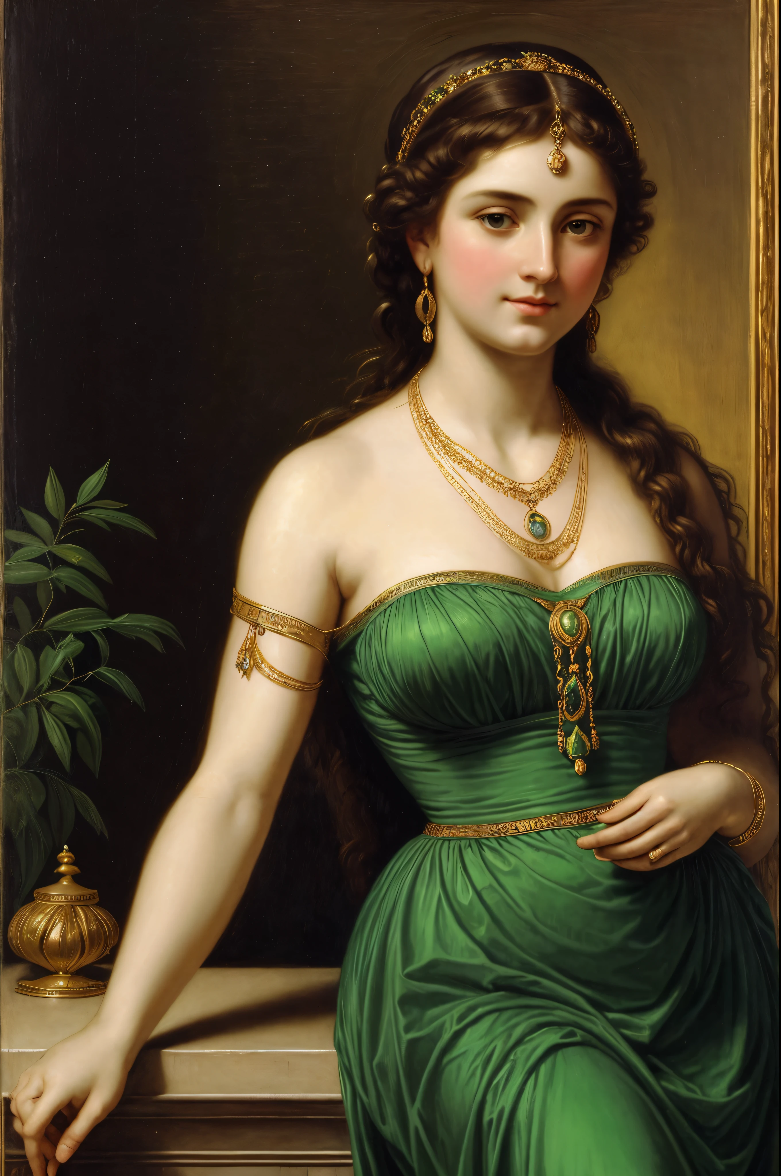 painting of a woman in a green dress with a gold necklace, portrait of a goddess, by Hermann Rüdisühli, by Alexandre Cabanel, godess, the goddess hestia, neoclassic painting, pudica pose bouguereau style, portrait of a beautiful goddess, portrait of megara, by Friedrich von Amerling