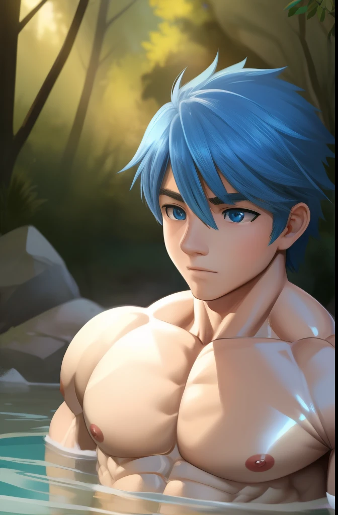 (HUMAN) a taking a bath in a river in a forest, military haircut, cobalt blue hair, blue Eyes, trending on bbwchan, meditating pose, up close shot shinji aramaki, inspired by Abdullah Gërguri, perfect muscle structure, unreal rendered, made of rubber, pictured from the shoulders up, doomy, drool, very muscular with broad shoulders, prominent pectorals and very marked abs, bodybuilder body, huge chest, huge pecs. Mexican ethnicity. muscular gigachad benediction, the ultimate gigachad. Young man, yung face. Teennis, Erect penis, Testicles.