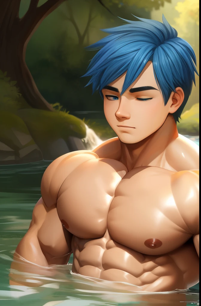(HUMAN) a  taking a bath in a river in a forest, military haircut, cobalt blue hair, blue Eyes, trending on bbwchan, meditating pose, up close shot shinji aramaki, inspired by Abdullah Gërguri, perfect muscle structure, unreal rendered, made of rubber, pictured from the shoulders up, doomy, drool, very muscular with broad shoulders, prominent pectorals and very marked abs, bodybuilder body, huge chest, huge pecs.  Mexican ethnicity. muscular gigachad benediction, the ultimate gigachad. Young man, yung face. Teennis, Erect penis, Testicles.