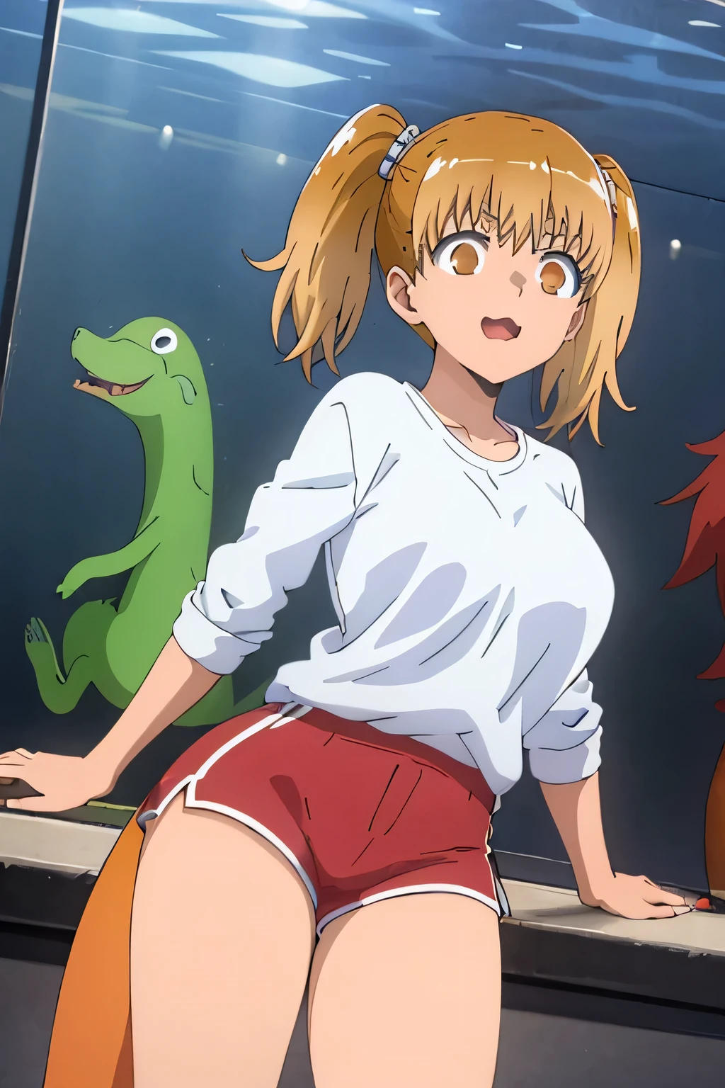 Very detailed, High quality (medium long shot), Illustration from the anime Ijiranaide Nagatoro San, of the character Yoshi, orange eyes, thick thighs, white sweatshirt, red shorts, in a giant aquarium, with anime people looking at the viewer with enthusiasm.
