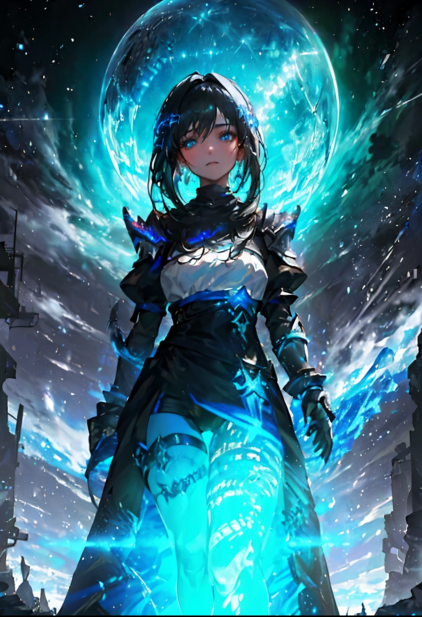 (((From face to the waist view::1. 4))), realistic skin texture, front view::1.0, (((Final Fantasy aesthetic style))) in complex & hyper detailed white fantasy armor (((lava glow effect))), panning photography::1, midnight hour illumination, short white hair & long braid, (masterpiece), best quality, perfect face, 8k