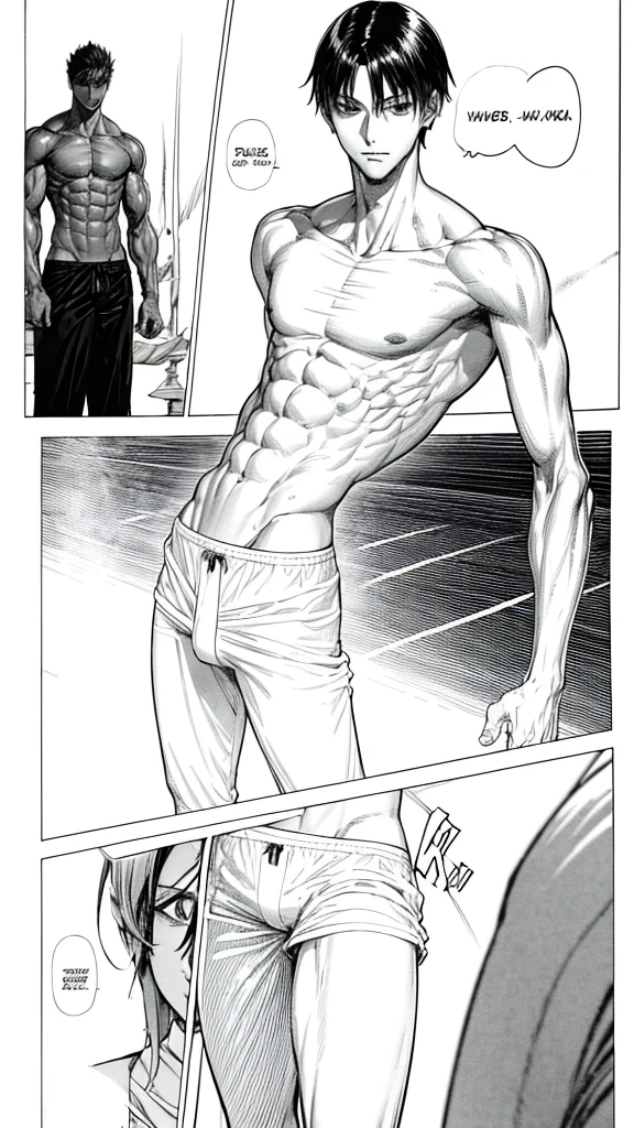 a very skinny black boy with short hair, his body is skinny and he is only wearing white underwear manga line art manga panels 