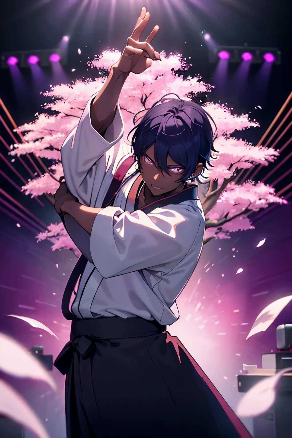 dark-skinned teenager with purple eyes, belting out a melody in a pristine Japanese music studio
immaculate white walls, high-resolution images of cherry blossoms, a traditional shoji screen slightly ajar
an oversized headset, mic in hand, his ensemble consisting of a loose black hakama and a white collarless juban
a detailed depiction of his limbs showing the subtle fluidity of his dance moves, his hands grasping the strings of a samisen
a vivid neon background pulsating in sync with the rhythm of the music, a determined look on his face as he pours his heart into his performance.