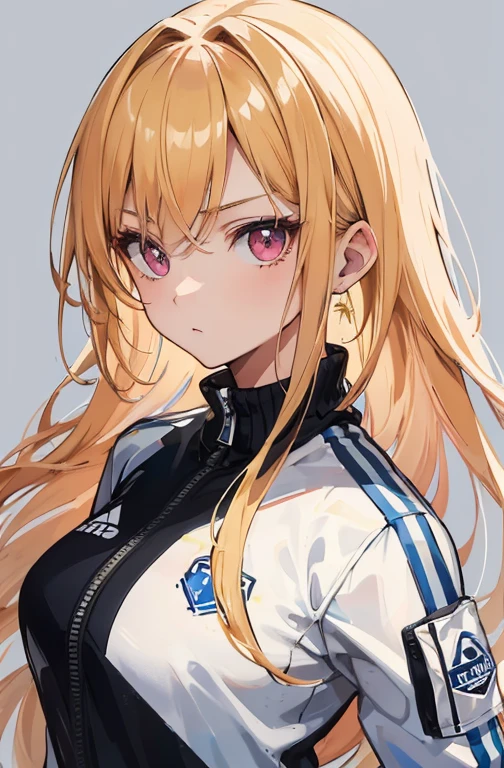 A masterpiece, top-quality artwork of a solo girl in a simple background. The girl is wearing a white tracksuit , She is glaring. The artwork should be ultra-detailed and realistic, with vivid colors and a focus on the girl's expression. she has blonde hair and detailed pink eyes