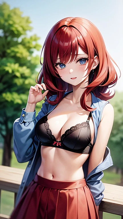An anime girl with red hair and blue eyes wearing a skirt and an open shirt revealing a black and red bra