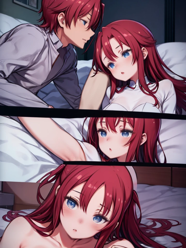 Intimate moments, 1 Female 1 Male、Couple, bed, kiss, underwear、窓とカーテンのある寝室のbedでkissをするアニメCouple、Long Red Hair、Blue Eyes、Big Breasts、