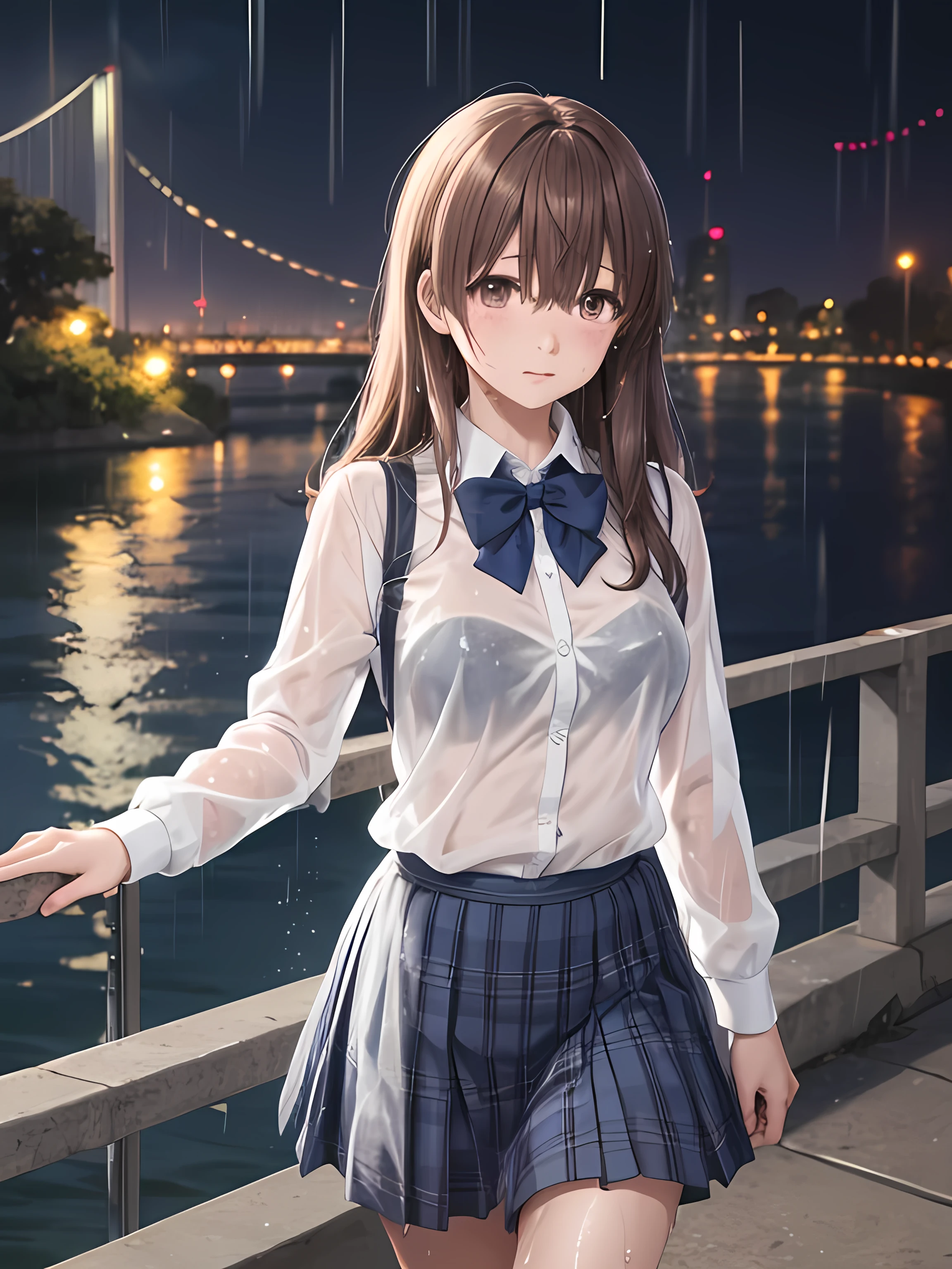 (masterpiece, best quality),
1girl, walking, looking above, (rain),
BREAK girl, shouko_nishimiya, yo,light brown hair, long hair, shiny hair, (beautiful detailed brown eyes), (large breasts:0.9), beautiful face,
sad, tears,
BREAK (white collared shirt), long sleeves, blue bowtie, (wet:1.2), (see through:1.2),
BREAK blue plaid skirt, pleated skirt,
outdoor, town, bridge, river, night,